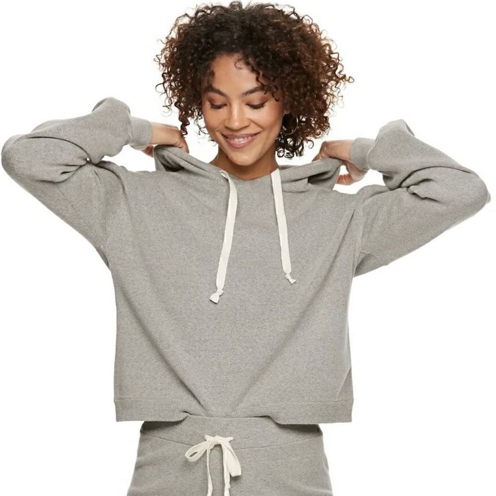 POPSUGAR Travel Drawstring Hoodie Puff Sleeves Heather Grey Women's Medium